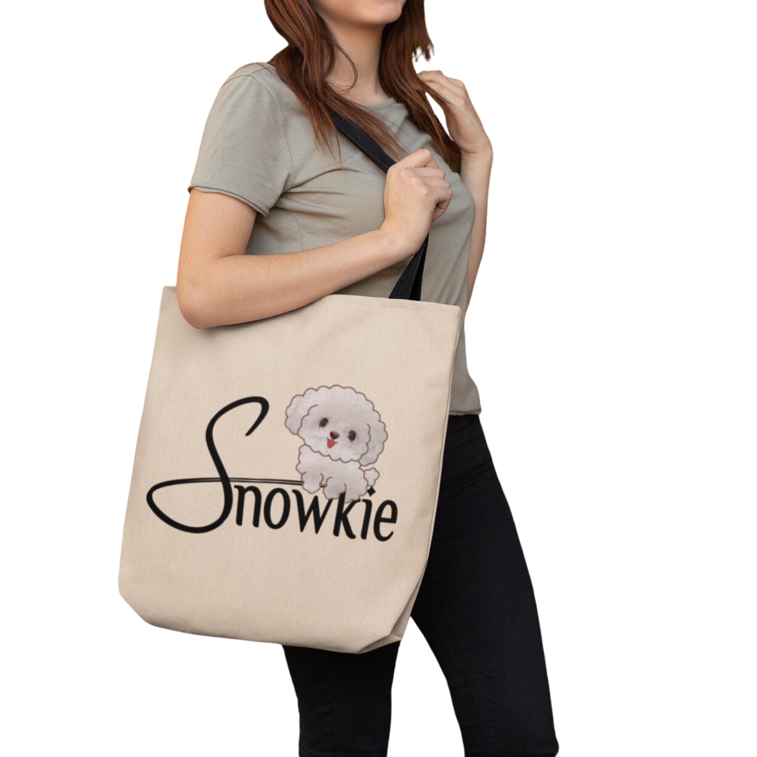 The Snowkie Tote Bag with Woman Holding the Bag