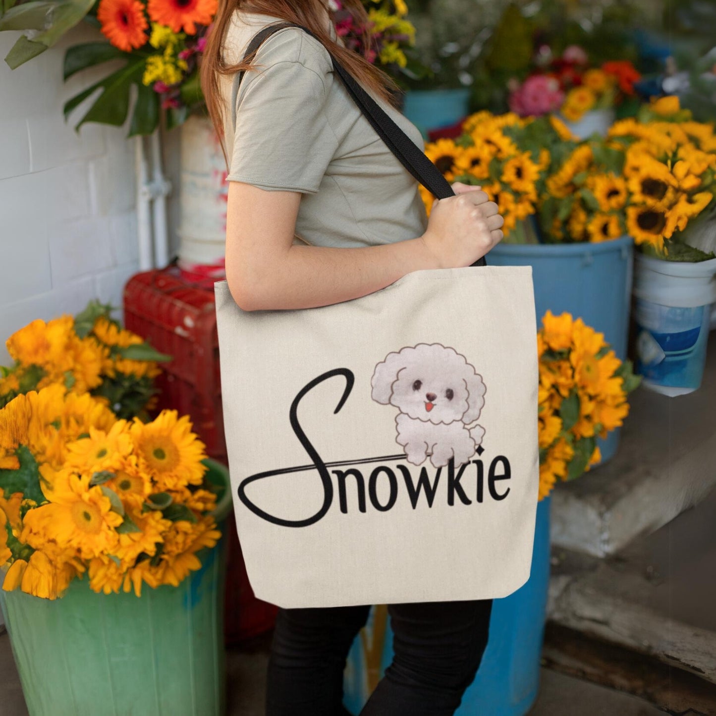 The Snowkie Tote Bag with Women at Flower Shop